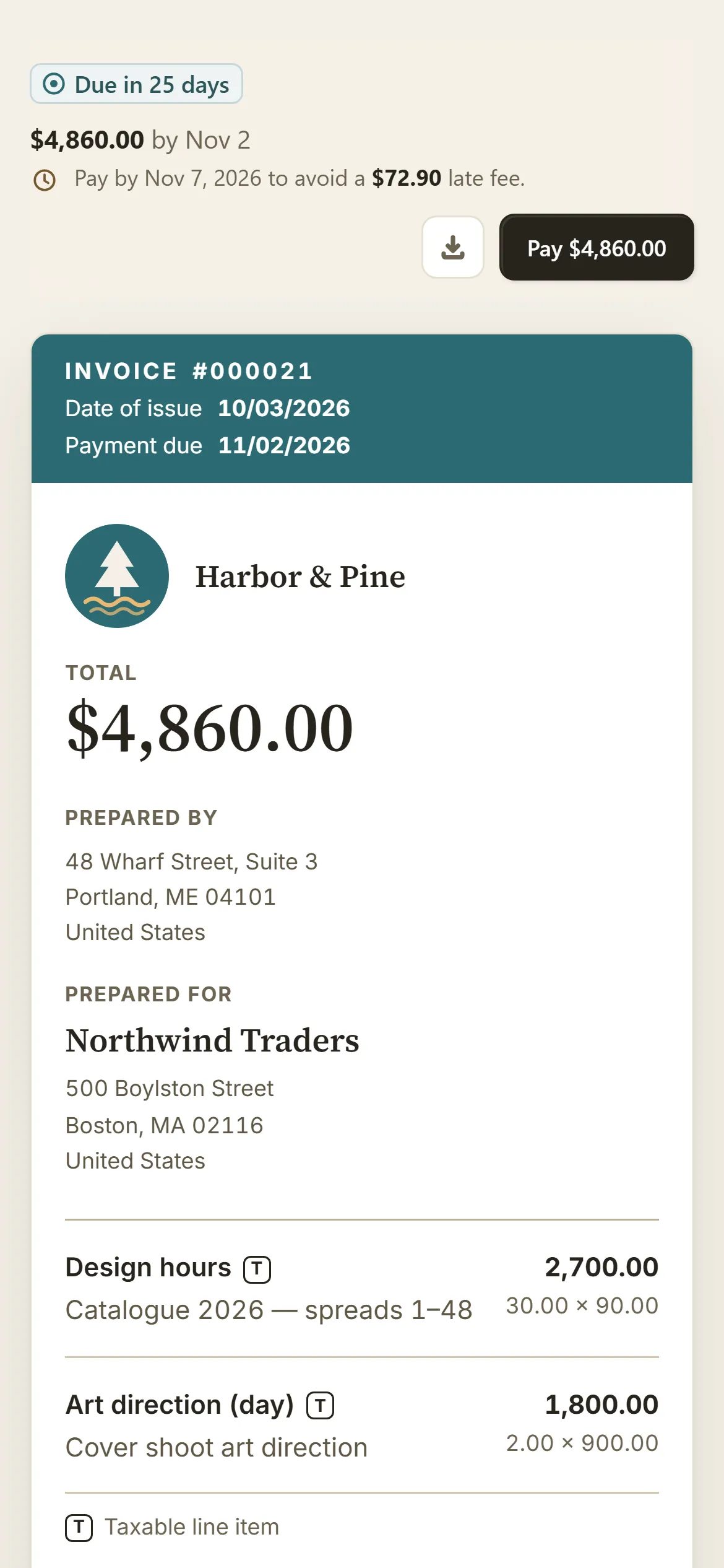 An invoice as the client sees it on a phone, with its Pay button and a late-fee warning