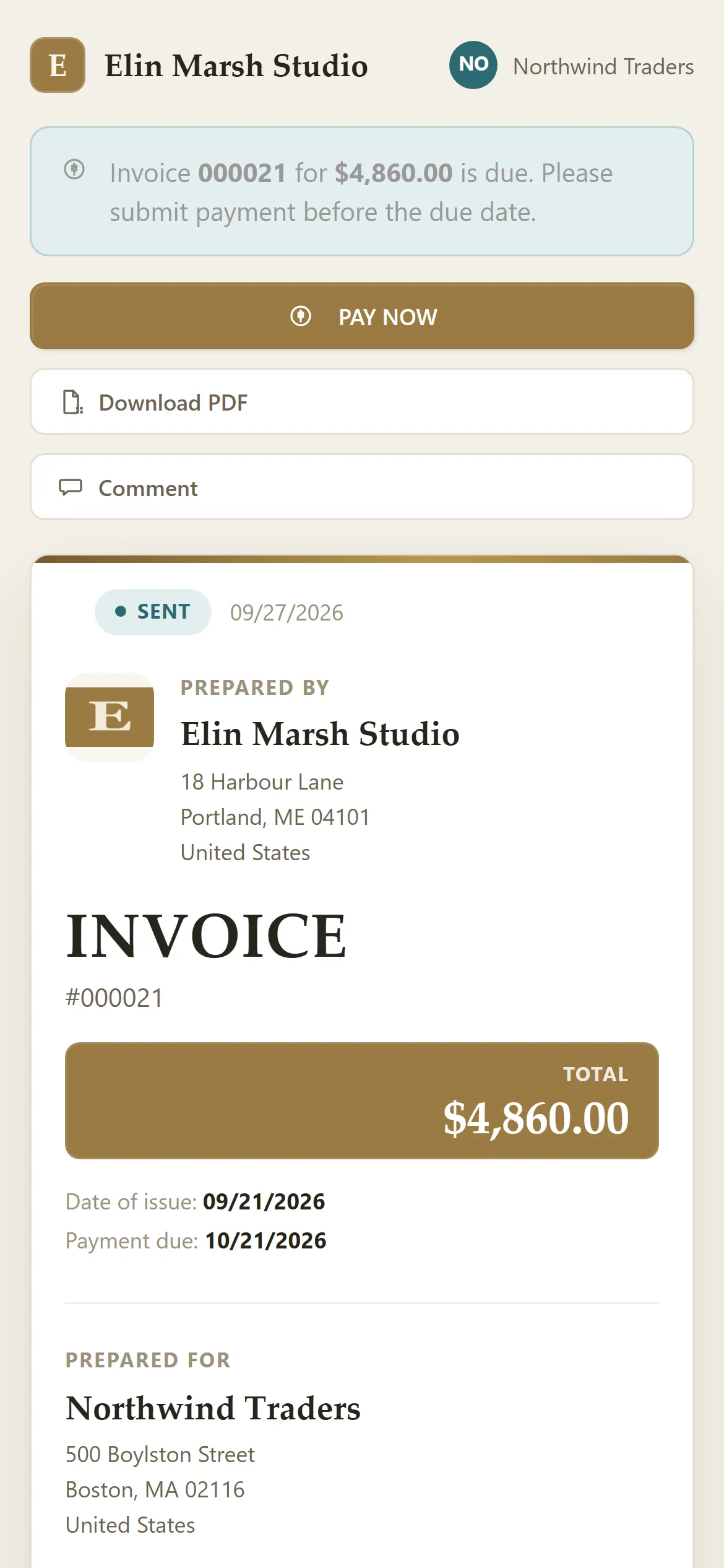 The same invoice as the client sees it on a phone, with a Pay now button