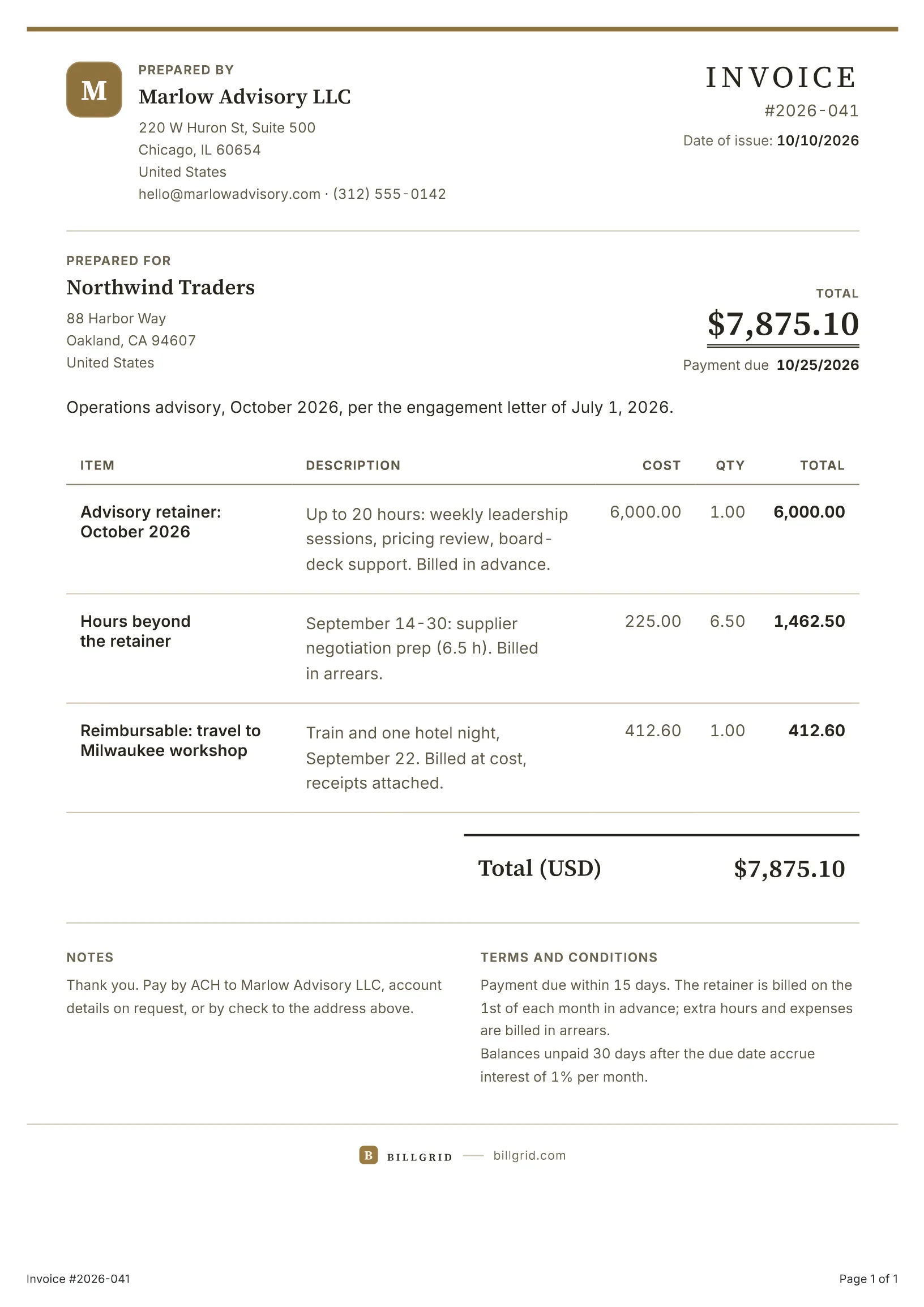 BillGrid's consulting invoice template
